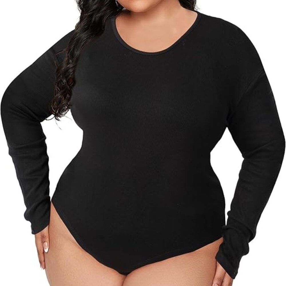 Moon Wood Plus Size Long Sleeve Bodysuit for Women Crew Neck Bodysuits Basic Top